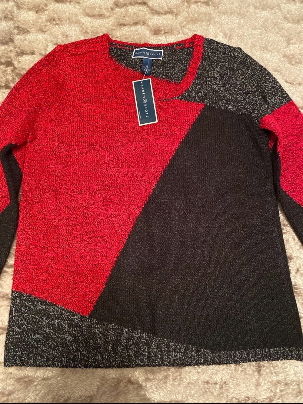 Karen Scott Red and Black Geometric Crewneck Sweater